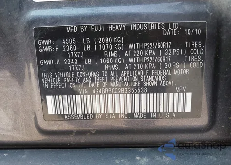 2011 Subaru Outback 2.5I Premium z USA, uszkodzony, nr VIN 4S4BRBCC2B3355538